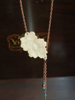 Elegant yellow lace on leather necklace - Chic floral upcycled white leather